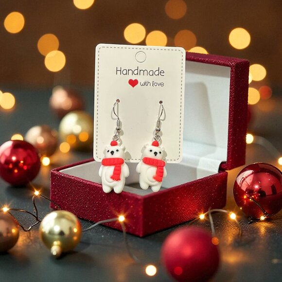 Handmade Polar Bear Earrings | Christmas Earrings | Polymer Clay Holiday Jewelry - Picture 4 of 9